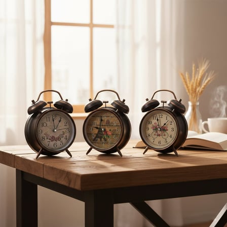 Twin Bell Alarm Clock BGC-45 Yuvarlak Masa Çalar Saat - Metal Eskitme Desenli Kasa, Pilli ve Işıklı,