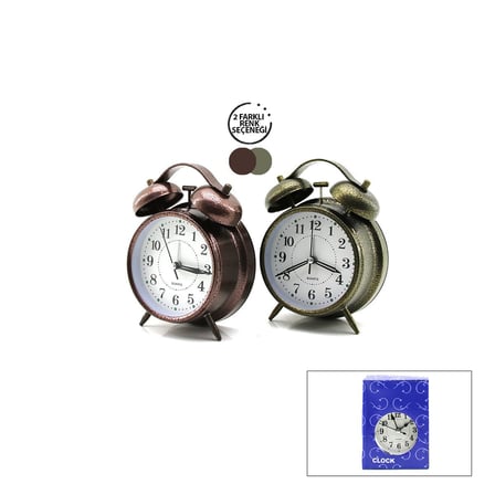 Twin Bell Alarm Clock BGC-46 Yuvarlak Masa Çalar Saat - Metal Eskitme Kasa, Pilli ve Işıklı, 10 cm