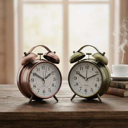 Twin Bell Alarm Clock BGC-46 Yuvarlak Masa Çalar Saat - Metal Eskitme Kasa, Pilli ve Işıklı, 10 cm