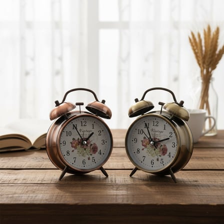 Twin Bell Alarm Clock BGC-52 Yuvarlak Masa Çalar Saat - Metal Eskitme Desenli Kasa, Pilli ve Işıklı,