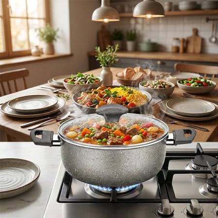 Papilla Fred 20 cm Derin Granit Tencere - Cam Kapaklı Gri Kırçıllı BRKT-705656- 6'li Paket