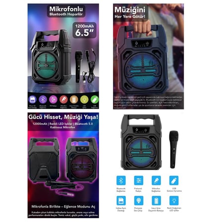 Q-Max PS-1283 Bluetooth Hoparlör 6.5 inç - Mikrofonlu USB Şarjlı AUX, TF ve USB Girişli