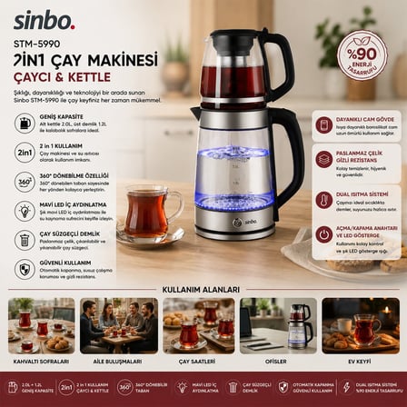 Sinbo STM-5990 Elektrikli Çay Makinesi ve Kettle - 2'si 1 Arada Çelik 2 lt ve 1.2 lt Çay Süzgeçli 36