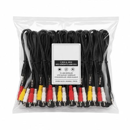 KRT-1135 Sony Dikmen Stereo RCA Kablo - 3 RCA ve Jack Bağlantılı- 15'li Paket
