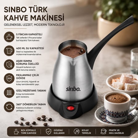 Sinbo SCM-2967 Çelik Elektrikli Türk Kahvesi Makinesi 400 ml 700W - 5 Fincan Katlanır Kulplu