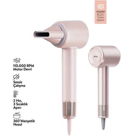 Sinbo SHD-1737 Pembe BLDC Turbo Motorlu Saç Kurutma ve Şekillendirme Makinesi 1500W