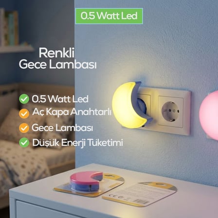 Softled-6975 Ay Figürlü Renkli Gece Lambası - 0.5W 3 LED- 10'li Paket