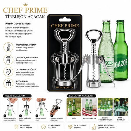 Chef Prime ENF-225 Tirbuşon Açacak - Plastik Gövde, Metal Burgu- 12'li Paket