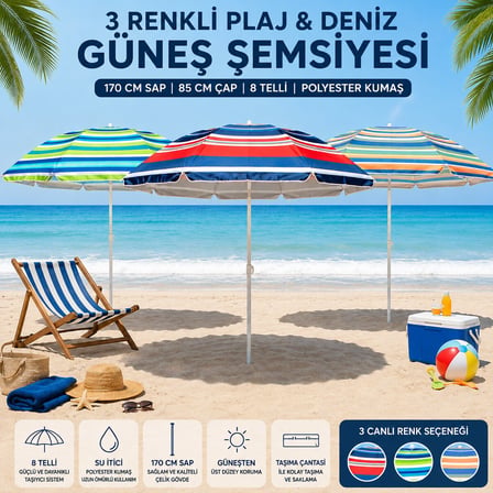 Skybelt SKY-121 Plaj Şemsiyesi 170 cm Saplı - 85x85 cm Çap 8 Telli Fiberglass Karışık Renk- 24'li Pa