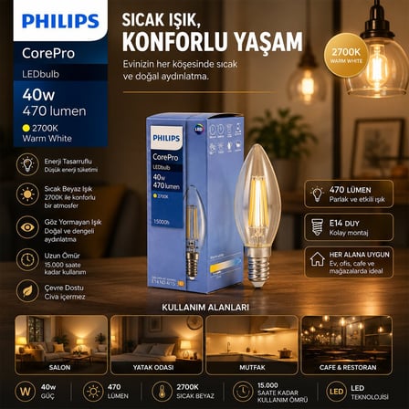 Philips CorePro LED Filament Rustik Ampul 4.3W E14 - 2700K, 470 Lümen, Cam Gövde, Kod 347267 00- 10'