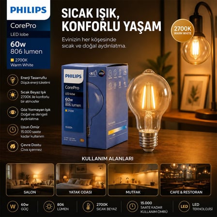 Philips CorePro G93 LED Filament Rustik Ampul 7W E27 - 2700K, 806 Lümen, Cam Gövde, Kod 346772 00- 6