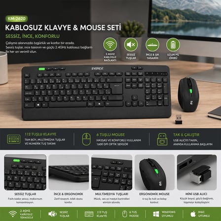 Everest KM-2620 Kablosuz Klavye ve Mouse Seti - Siyah, Q Klavye, Sessiz Switch, USB Alıcılı