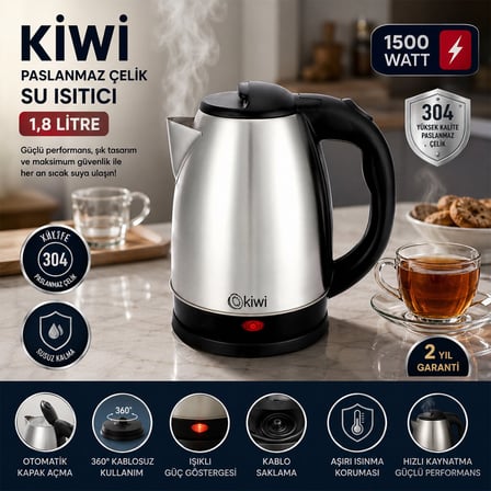 Kiwi KK-3331 Çelik Kettle Elektrikli Su Isıtıcısı 1.8 lt 1500W - Gizli Rezistanslı 360 Derece