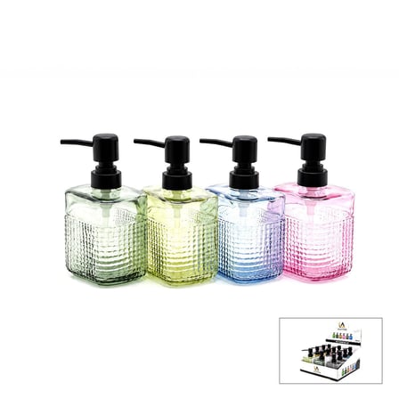 Alvetro ALV-06 Şeffaf Renkli Cam Sıvı Sabunluk 420 ml - Dikdörtgen Çizgili Şişe- 12'li Paket