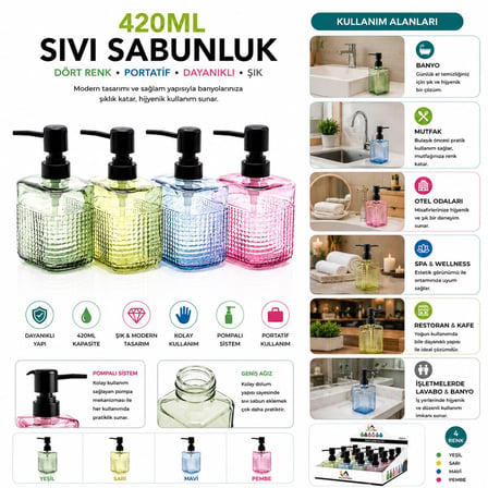 Alvetro ALV-06 Şeffaf Renkli Cam Sıvı Sabunluk 420 ml - Dikdörtgen Çizgili Şişe- 12'li Paket