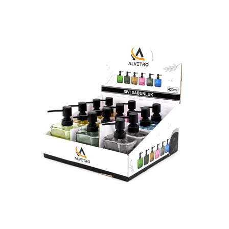 Alvetro ALV-06 Şeffaf Renkli Cam Sıvı Sabunluk 420 ml - Dikdörtgen Çizgili Şişe- 12'li Paket