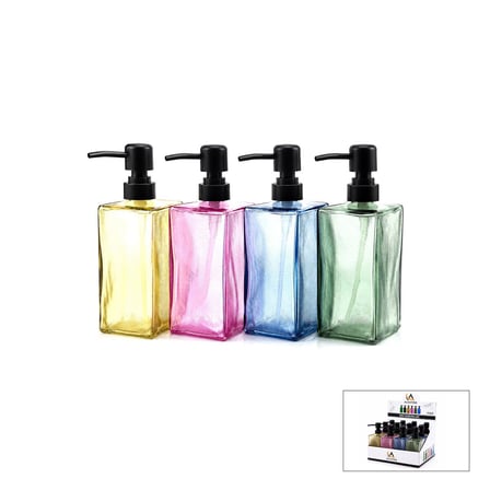 Alvetro ALV-08 Cam Sıvı Sabunluk 410 ml - Kare Renkli Şeffaf Buzlu Çizgili Desen- 12'li Paket