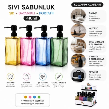 Alvetro ALV-08 Cam Sıvı Sabunluk 410 ml - Kare Renkli Şeffaf Buzlu Çizgili Desen- 12'li Paket