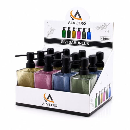 Alvetro ALV-08 Cam Sıvı Sabunluk 410 ml - Kare Renkli Şeffaf Buzlu Çizgili Desen- 12'li Paket