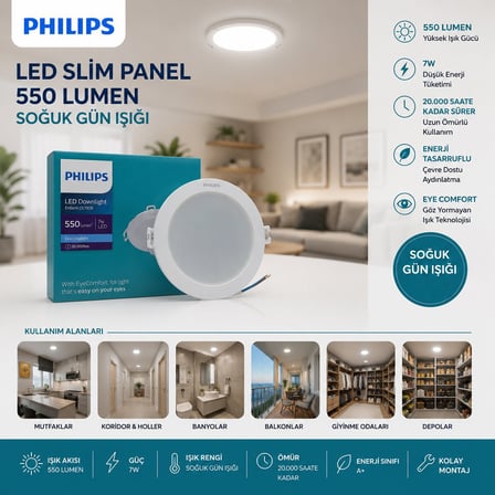 Philips 7W Sıva Altı Yuvarlak LED Slim Panel - 550 Lümen, 20.000 Saat