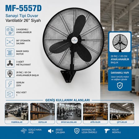 MF-5557D Duvar Tipi Sanayi Vantilatörü 26 inç 67 cm - 3 Metal Pervaneli 3 Kademeli 220V- 2'li Paket