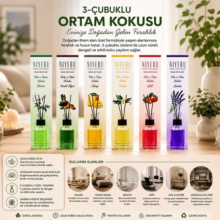 Niyebu 50 ml Bambu Çubuklu Ortam Kokusu - 3 Çubuklu Cam Şişe Mix Koku- 24'li Paket