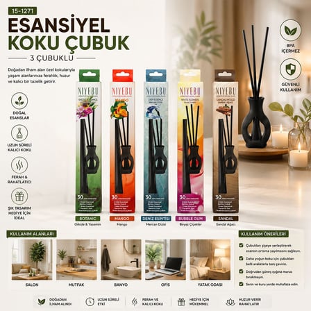 Niyebu 3'lü Esansiyel Koku Çubuğu - Botanic, Sandal, Deniz Esintisi, Mango ve Bubble Gum- 60'li Pake