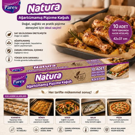 Parex 613296 Natura Hazır Kesilmiş Pişirme Kağıdı 42x37 cm - 10 Adet- 24'li Paket