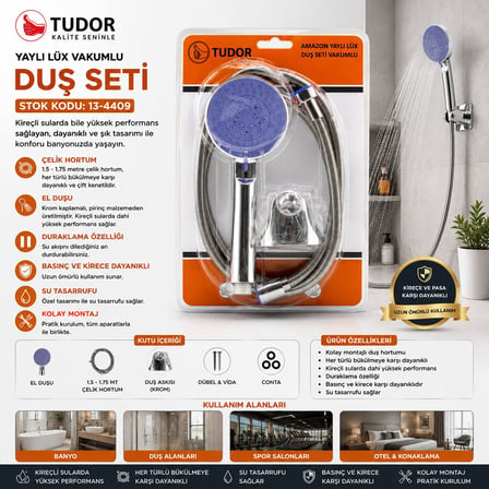 Tudor TDR-254 Krom Lüks Duş Seti - Metal Yaylı Hortum 150 cm ve Mafsallı