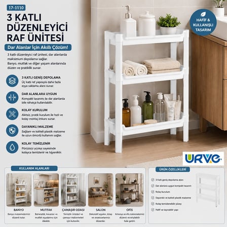 Urve UR-3589 Rafty 3 Katlı Sepet Organizer Raf Ünitesi 465x145x500 mm