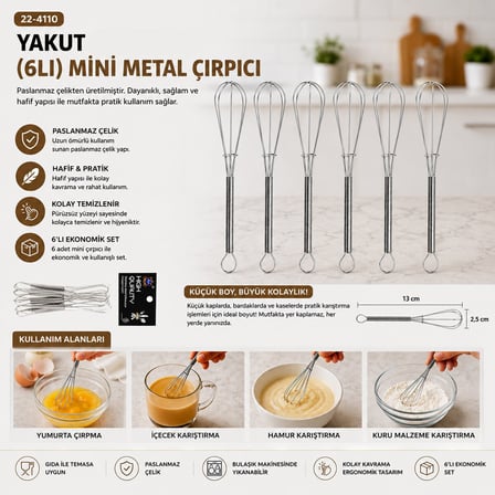 Yakut 10712 Metal Mini Çırpıcı 13 cm - 6 Parça Set