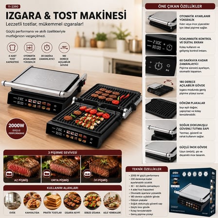 Sinbo SSM-2597 Izgara ve Tost Makinesi - 4 Dilim Yapışmaz Yüzey Dokunmatik Dijital Ekranlı 2000 W