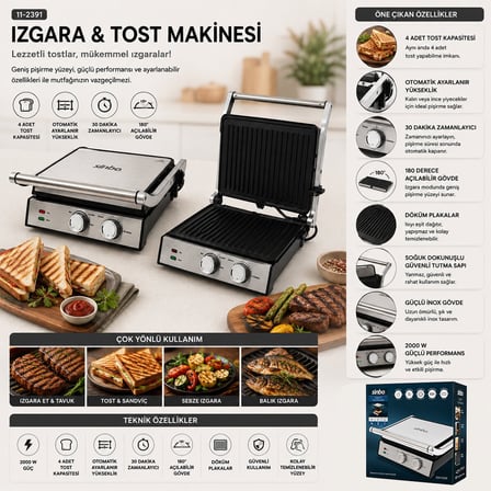 Sinbo SSM-2598 Izgara ve Tost Makinesi - 4 Dilim Yapışmaz Yüzey 2000 W