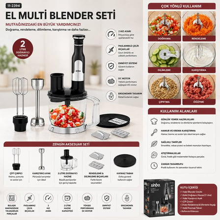 Sinbo SHB-7534 El Multi Blender Seti - 2 Hız Ayarlı Paslanmaz Çelik Bıçak 2 Litre Hazneli
