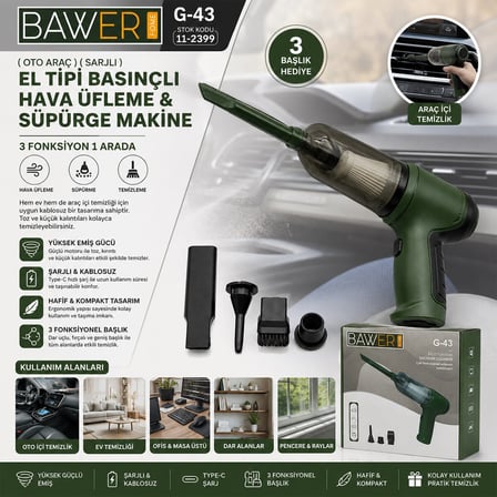 Bawer G-43 Şarjlı El Tipi Basınçlı Hava Üfleme ve Süpürge Makinesi - 3 Başlıklı