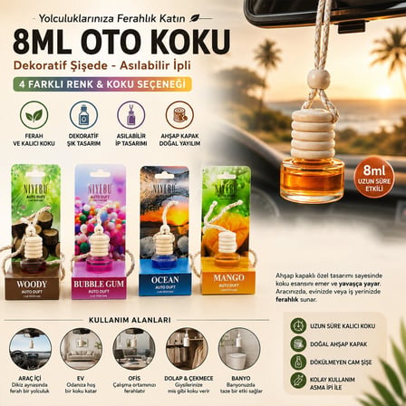 Niyebu Oto Araç Kokusu - Cam Şişe İpli Ahşap Kapaklı 8 ml- 24'li Paket