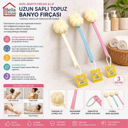 Bella House K-6647 Plastik Saplı Banyo Lifi ve Duş Fırçası - 2'si 1 Arada 38 cm- 12'li Paket