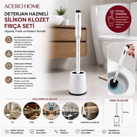 Acero Home 2116 Deterjan Hazneli Silikon Klozet WC Fırça Seti- 12'li Paket