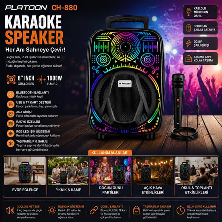 Platoon PL-4660 CH-880 Karaoke Bluetooth Hoparlör 8 inç - Mikrofonlu RGB Işıklı SD ve AUX Girişli