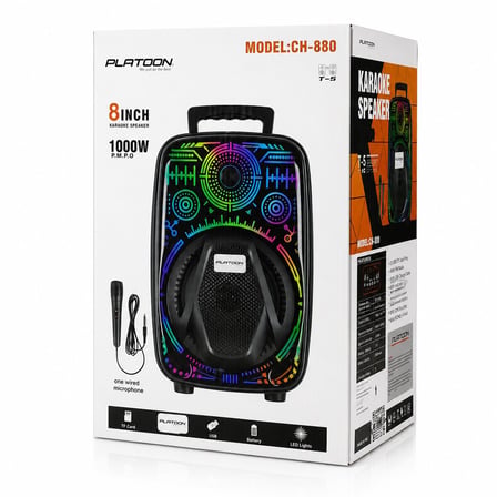 Platoon PL-4660 CH-880 Karaoke Bluetooth Hoparlör 8 inç - Mikrofonlu RGB Işıklı SD ve AUX Girişli