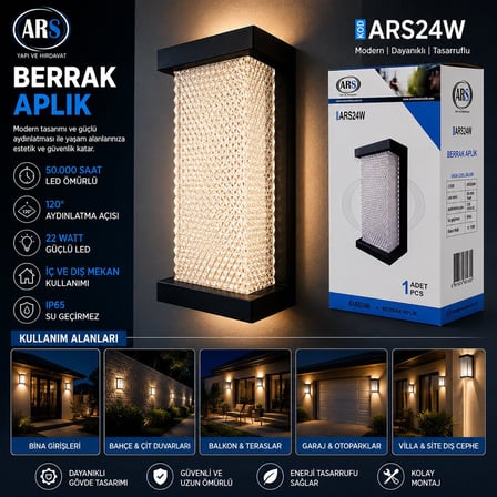 ARS-348954 IP66 22W Berrak LED Aplik Duvar Lambası - 50.000 Saat LED Ömrü