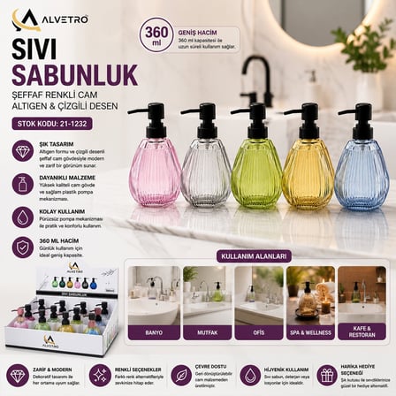 Alvetro ALV-03 Şeffaf Renkli Cam Sıvı Sabunluk 360 ml - Altıgen Çizgili Desenli- 12'li Paket