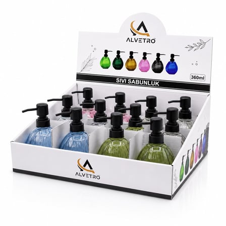 Alvetro ALV-03 Şeffaf Renkli Cam Sıvı Sabunluk 360 ml - Altıgen Çizgili Desenli- 12'li Paket