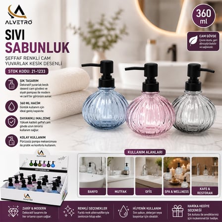 Alvetro ALV-02 Şeffaf Renkli Cam Sıvı Sabunluk 360 ml - Yuvarlak Kesik Desenli- 12'li Paket