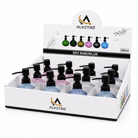 Alvetro ALV-02 Şeffaf Renkli Cam Sıvı Sabunluk 360 ml - Yuvarlak Kesik Desenli- 12'li Paket