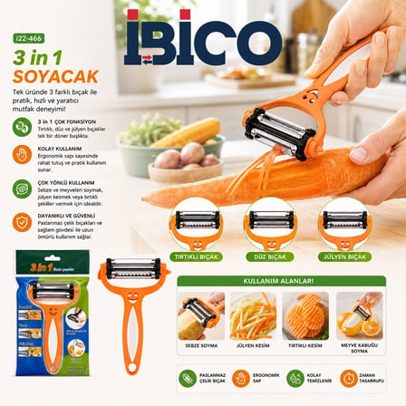 İbico İ22-466 3'ü 1 Arada 360° Başlı Metal Soyacak - Gülen Yüz Emojili Renkli Plastik Sap