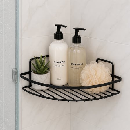 KRT-1149 Lamalı Banyo Köşelik ve Duşakabin Rafı Tek Katlı Üçgen - Siyah Metal