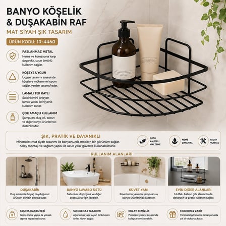 KRT-1149 Lamalı Banyo Köşelik ve Duşakabin Rafı Tek Katlı Üçgen - Siyah Metal