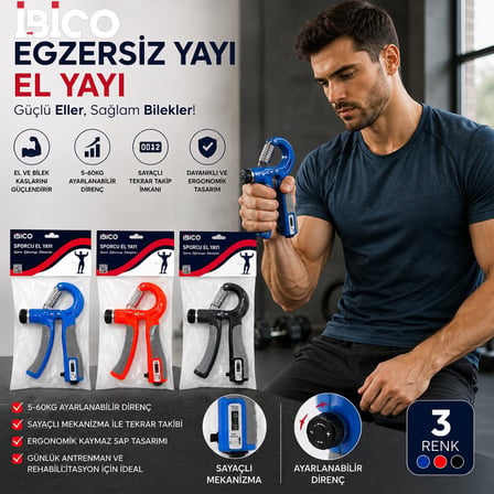 İbico İ19-020 Ayarlı ve Sayaçlı Egzersiz El Yayı - 5-60 kg Direnç- 12'li Paket