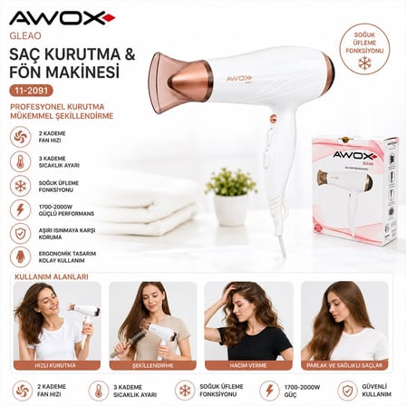 Awox Gleao Saç Kurutma ve Fön Makinesi - Beyaz, Soğuk Üfleme, 2 Kademe Fan, 3 Kademe Sıcaklık, 1700-